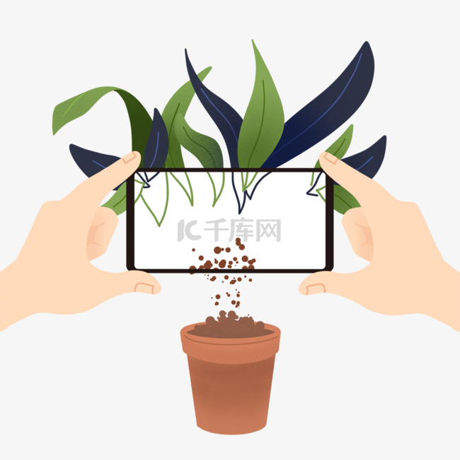 手握手机拍摄盆栽植物社交插画