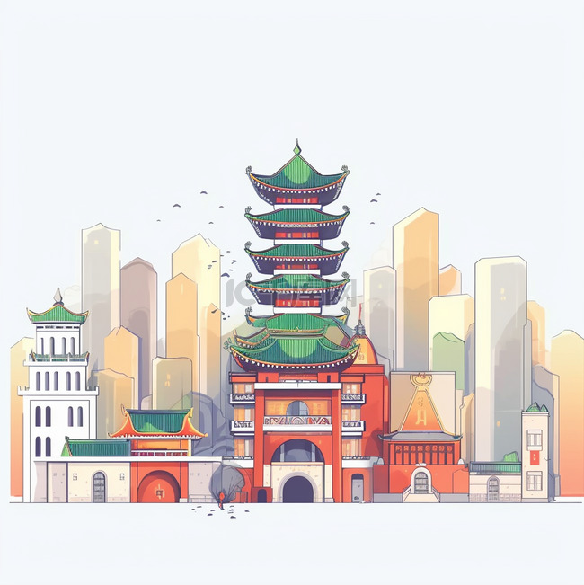 城市建筑扁平风手绘插画