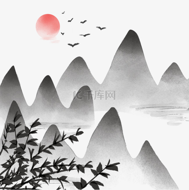 三座大山中国风格水墨艺术画