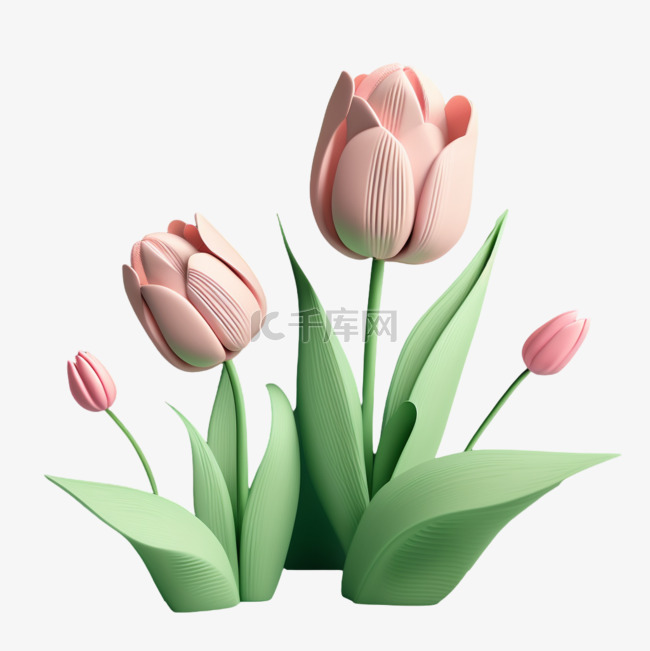 3D立体黏土质感花朵粉色郁金香