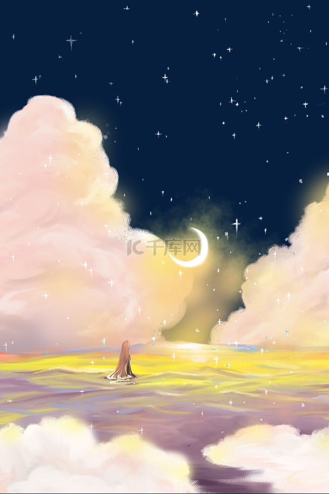 女孩在海中遥望月亮梦幻场景