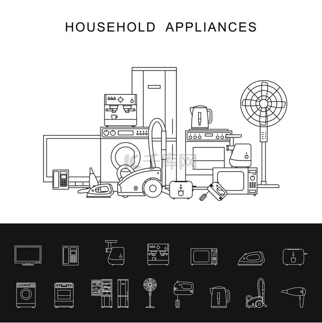 家用电器线图。家用电器横幅与矢