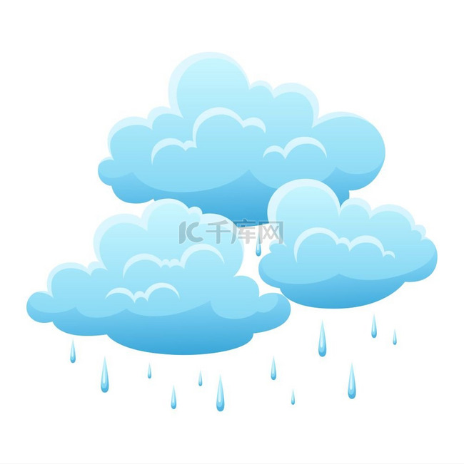 白色背景上的蓝色云彩和雨滴。