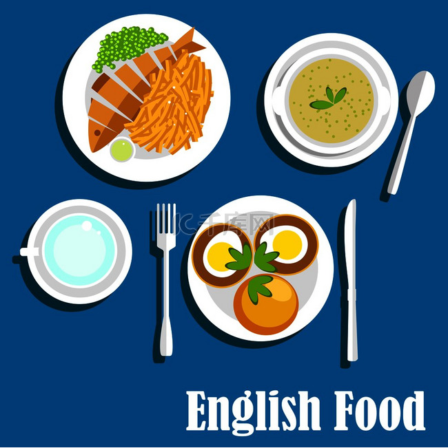 英式菜肴主菜配以整条炸鱼、炸薯