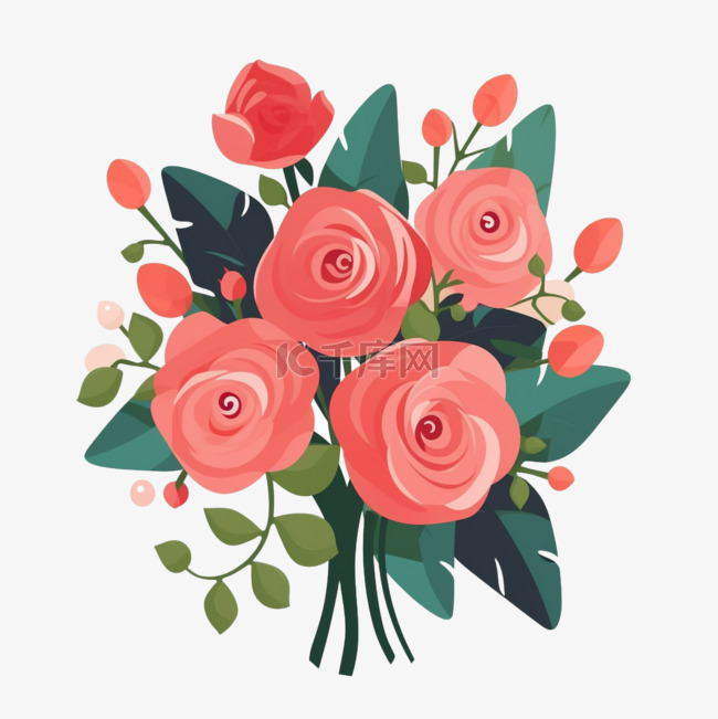 扁平卡通插画装饰素材玫瑰花束3