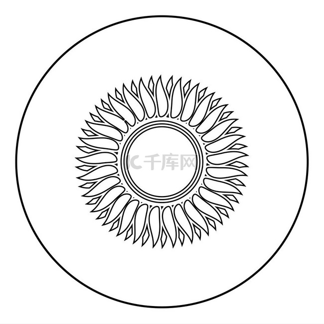 向日葵花太阳图标在圆形轮廓黑色
