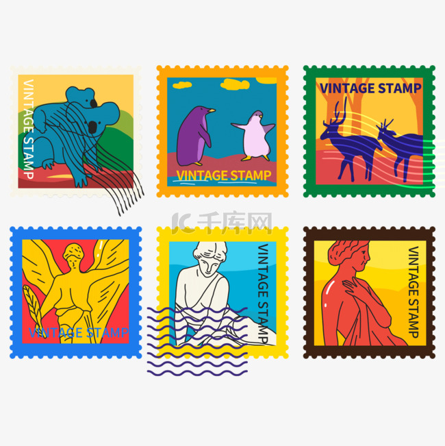 邮戳邮票组合动物人物复古样式