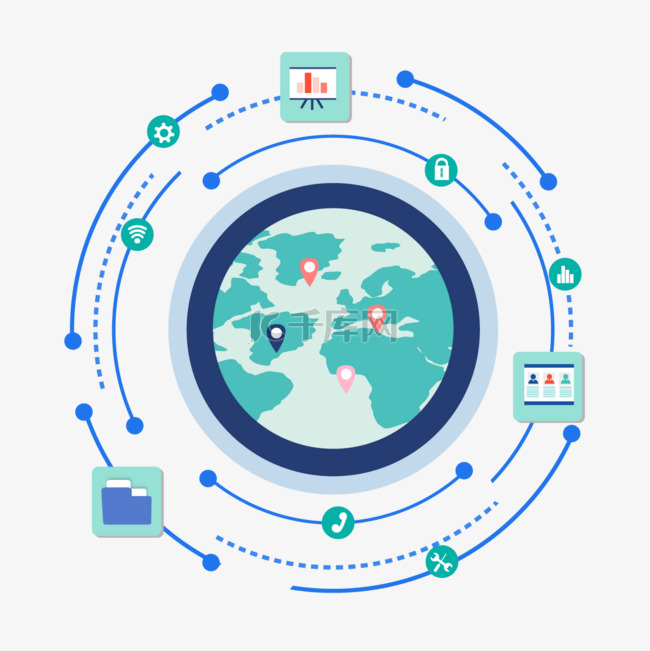 商务团队蓝色圆形地球思维导图