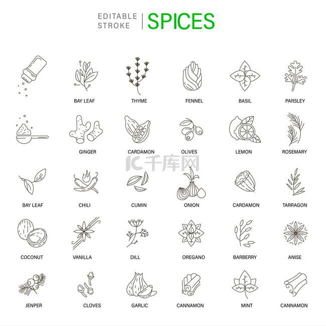 香料和香草的矢量图标和标志。