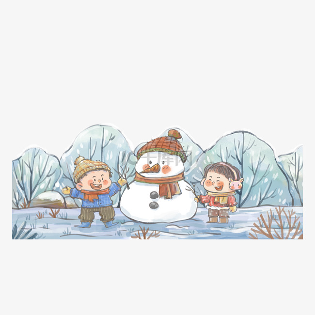 大雪节气冬天风景儿童玩耍雪人