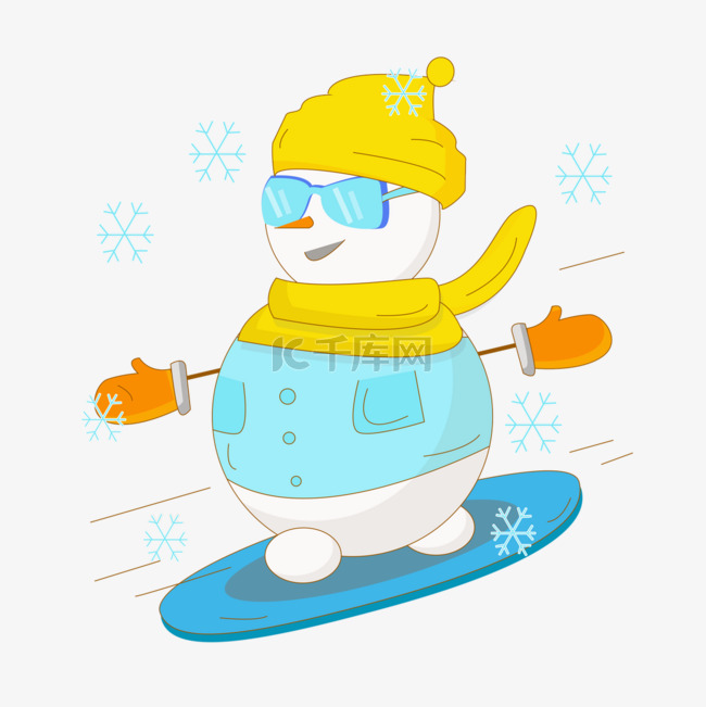 卡通风格快乐滑雪的圣诞雪人