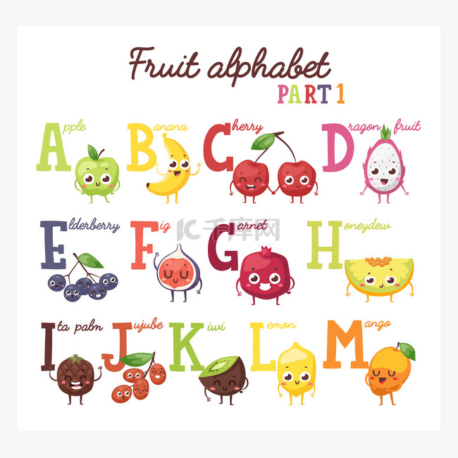 Fruit alphabet vector illustration.