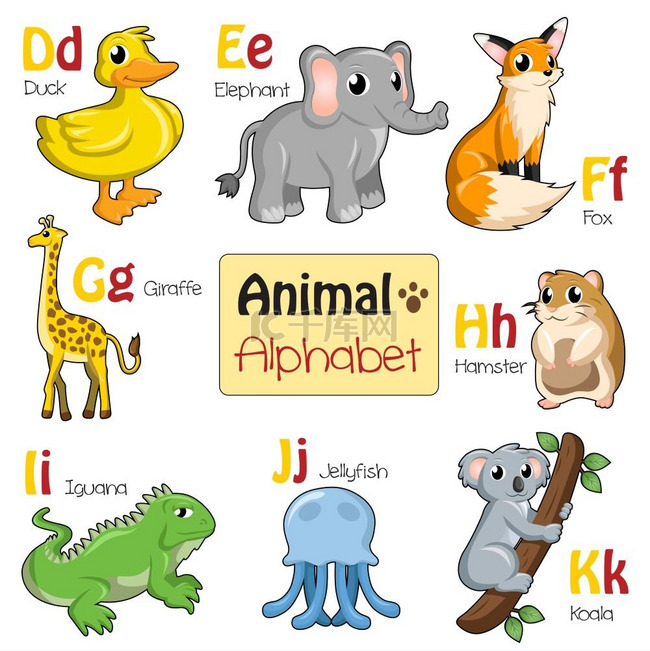 从 D 到 K 的字母表动物的