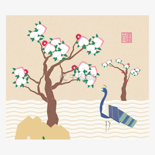 孔雀桃树传统艺术, 中国或韩国