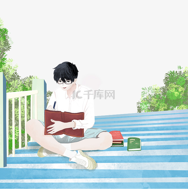 夏季盛夏男孩坐在台阶上学习看书