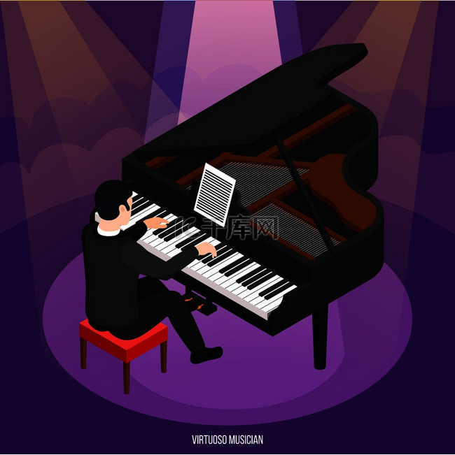 才华横溢的钢琴家在音乐会上以紫