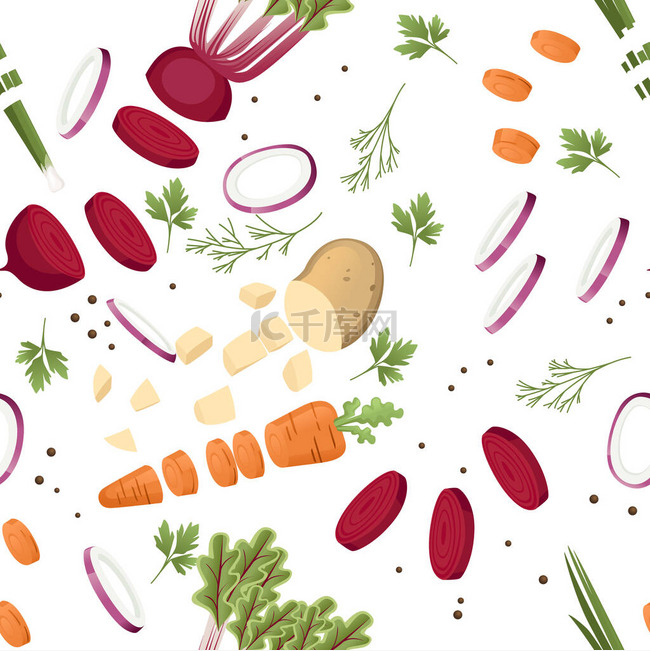 蔬菜切片，配以甜菜、土豆和胡萝