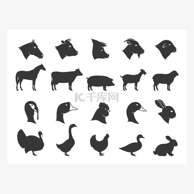 农场动物剪影和图标