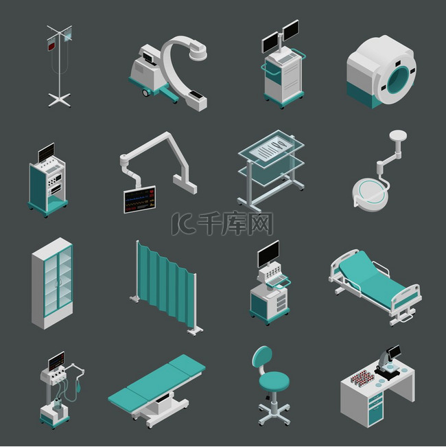 医院医疗设备等距图标集合与手术