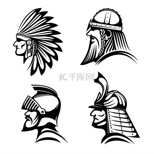 头盔图标中的古代战士，带有中世
