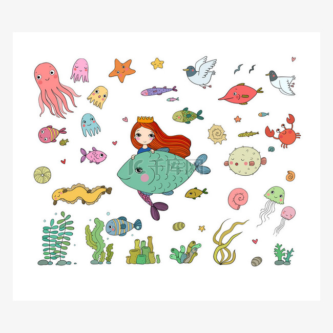 海洋插图集。小可爱的卡通美人鱼