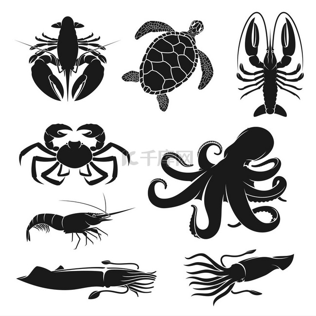 海鲜和渔业甲壳类动物动物剪影图