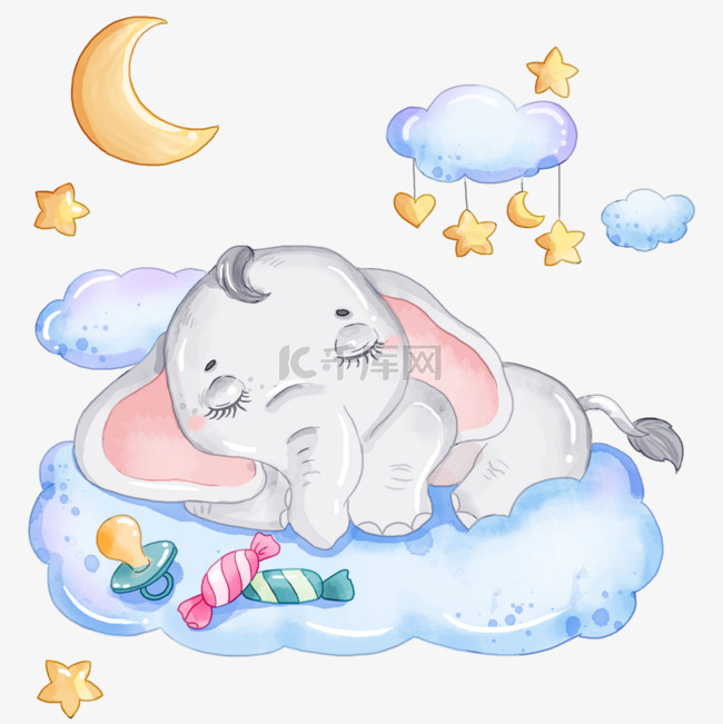小象宝宝在云上睡觉卡通水彩画