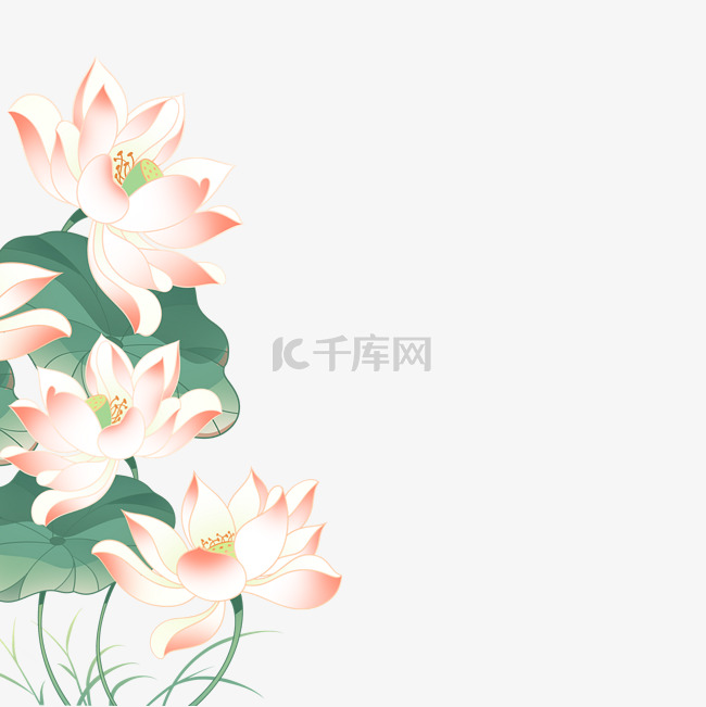 国风新中式荷花花卉侧边花朵装饰