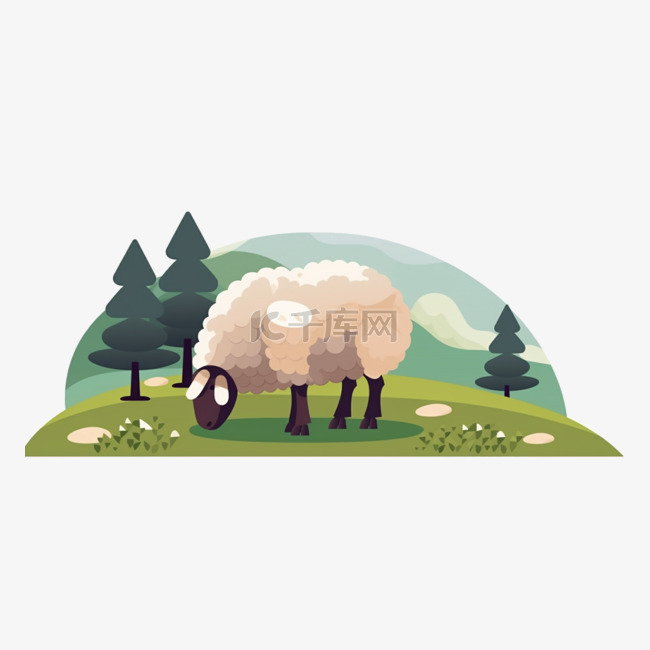 卡通扁平草地上吃草的羊儿