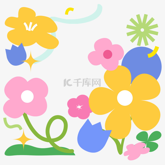 春天扁平彩色花朵装饰贴纸