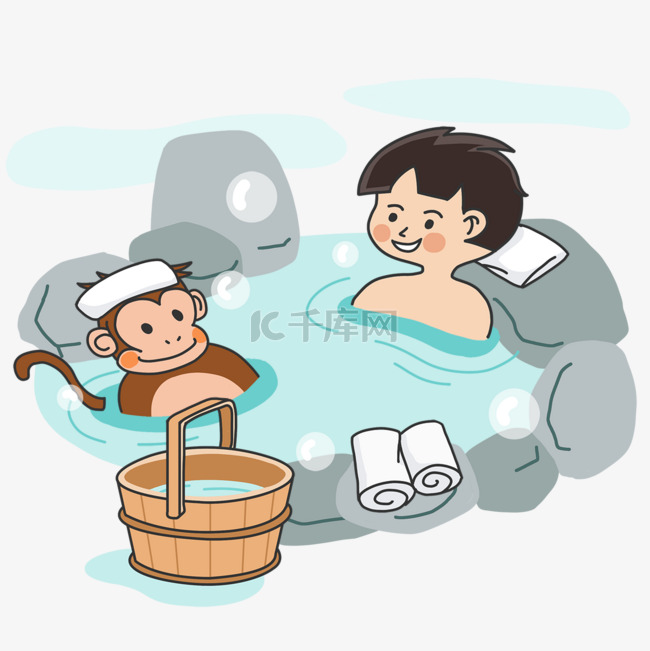 日本露天泡温泉的猴子和男孩