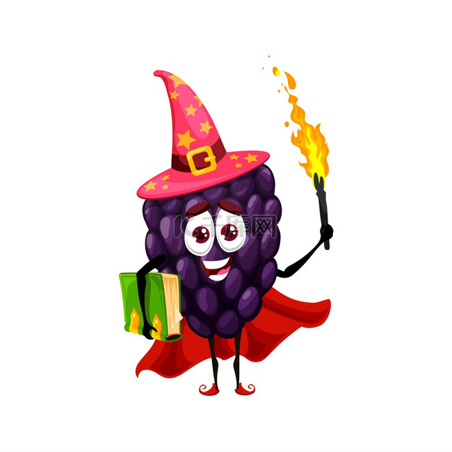 卡通黑莓或荆棘魔术师带火把的巫