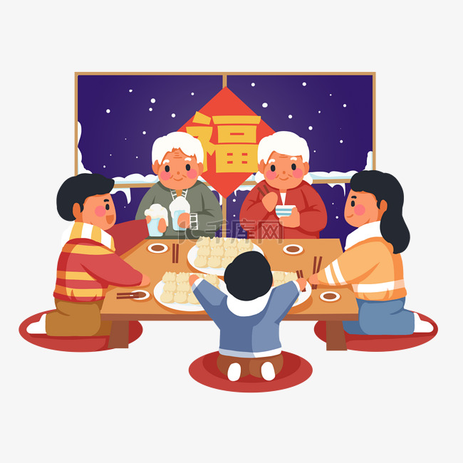 春节新年团聚一家人吃饺子