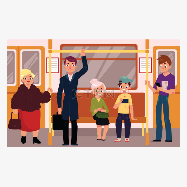 人们在地铁火车车厢，坐、 站立