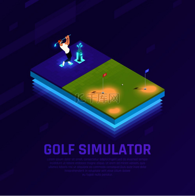 紫色背景矢量图上高尔夫模拟器等