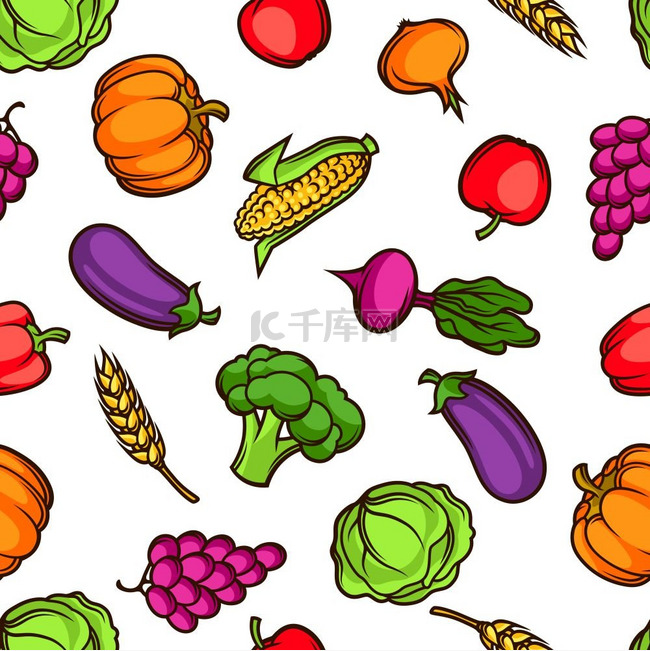 收获无缝图案带有时令水果和蔬菜