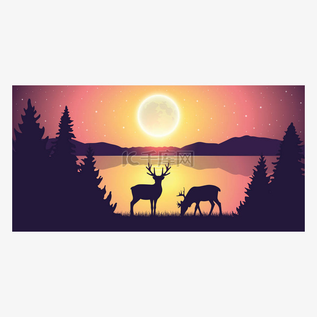 两只驯鹿在湖边，晚上满月和星空