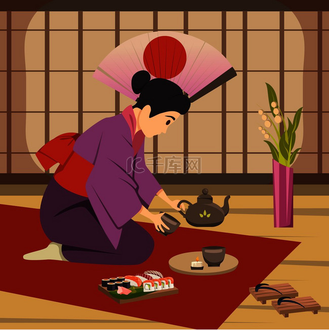 日本传统茶道仪式由女性在地垫国