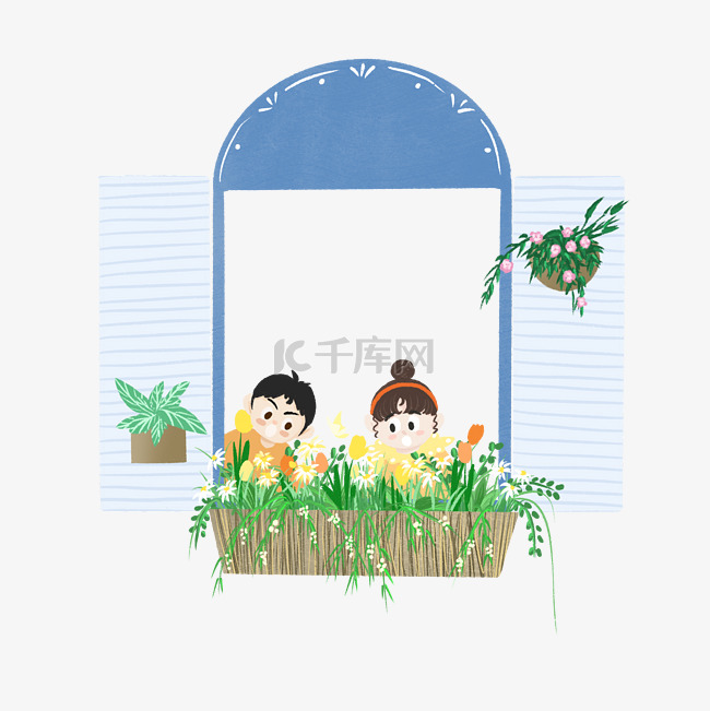 窗口小孩和鲜花