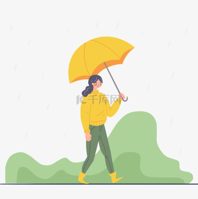 穿着黄色靴子的女孩雨中打伞插画