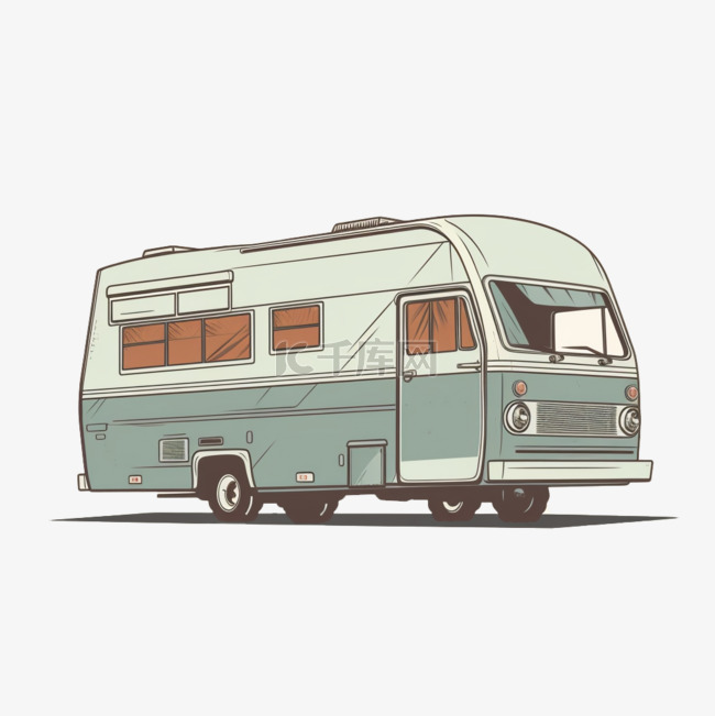 手绘插画风免抠元素复古公交巴士