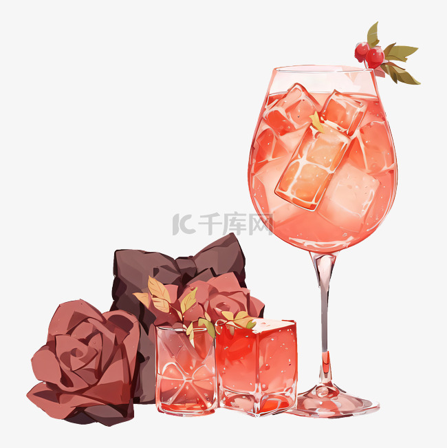 玫瑰鸡尾酒水彩食物插画元素