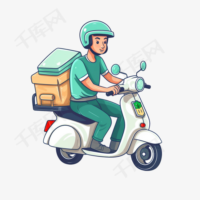 送餐帅哥骑摩托车卡通艺术插图