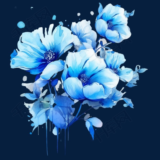 蓝色的水彩画花朵装饰手绘