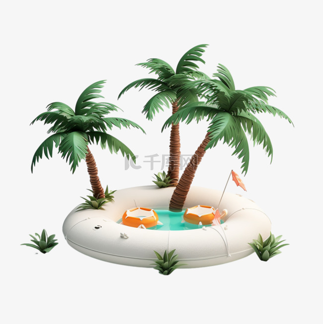 3DC4D立体夏日场景海边小岛椰树