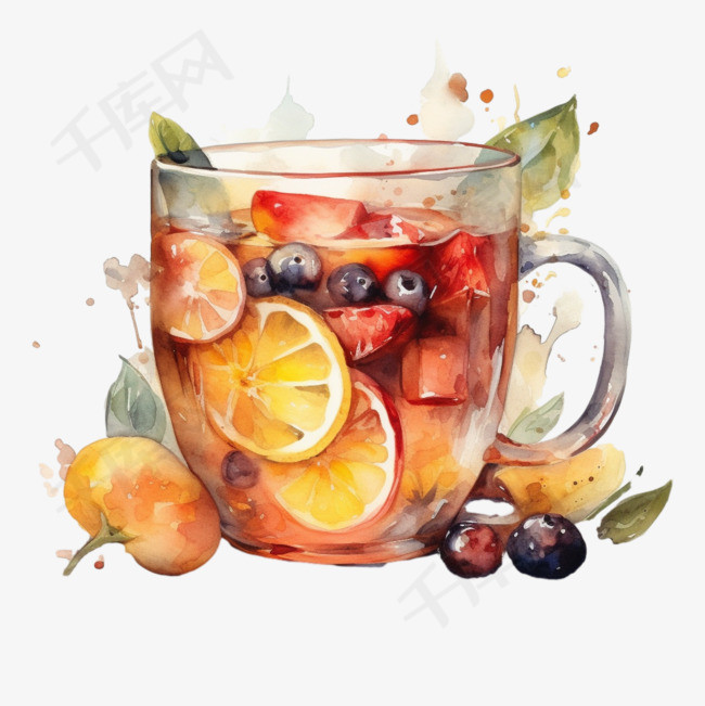 水彩质感彩色夏季水果茶