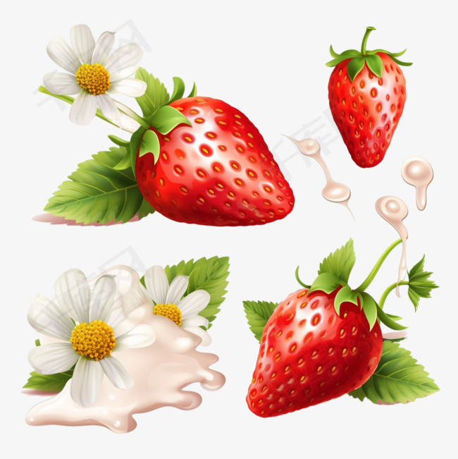 整颗和半颗草莓，带花、叶子和奶