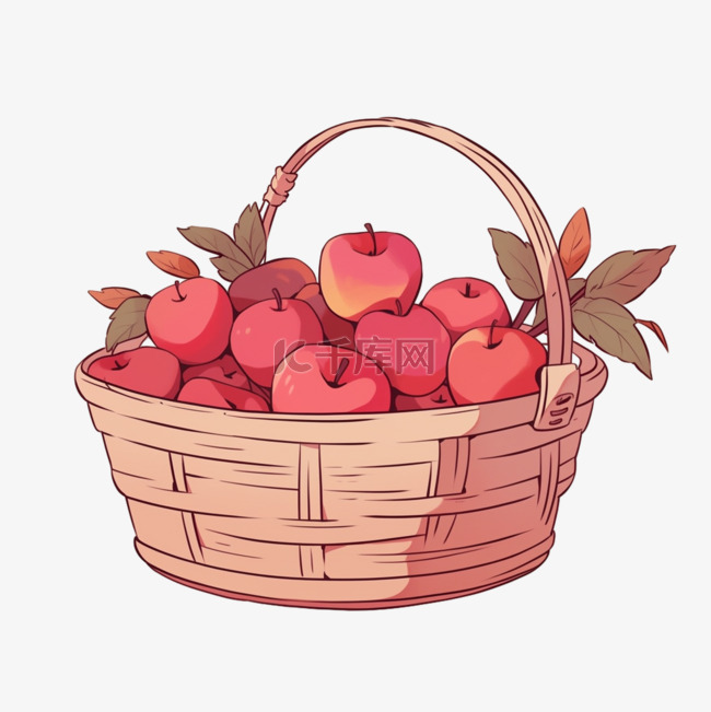 手绘元素竹筐里装满丰收的苹果