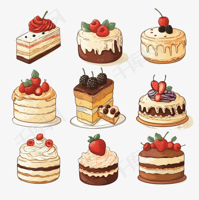 手绘风格的美味蛋糕系列