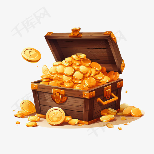 木箱和装有金币的大旧袋子，钱堆